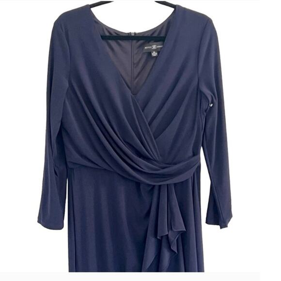 Betsy & Adam Navy blue cascading side ruffle long dress high slit  sz 12 - Picture 4 of 11